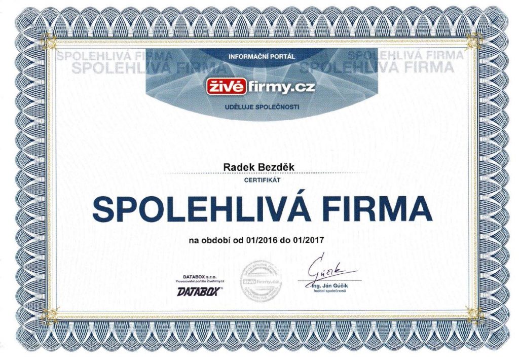 Certifikát Spolehlivá firma